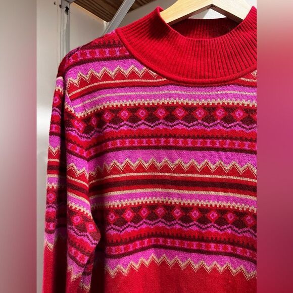 Isaac Mizrahi sweater shirt Mock-Neck Fair Isle Jacquard Red size M stylish cozy - Picture 4 of 15